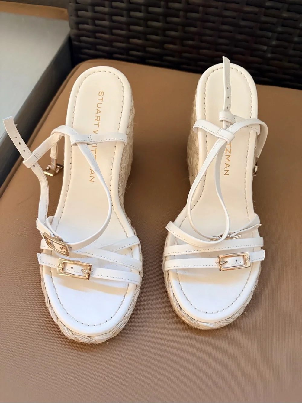 Stuart Weitzman White Strappy Espadrille Wedge Sandals